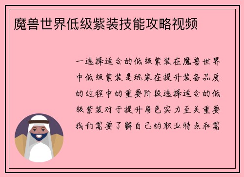 魔兽世界低级紫装技能攻略视频